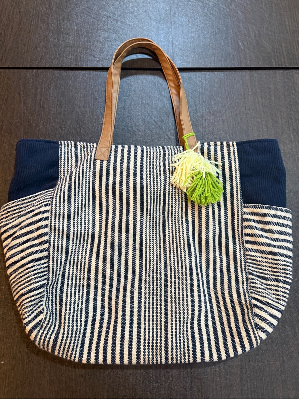 Striped Navy and White Canvas Tote with Tan Handles Green and Yellow Tassels